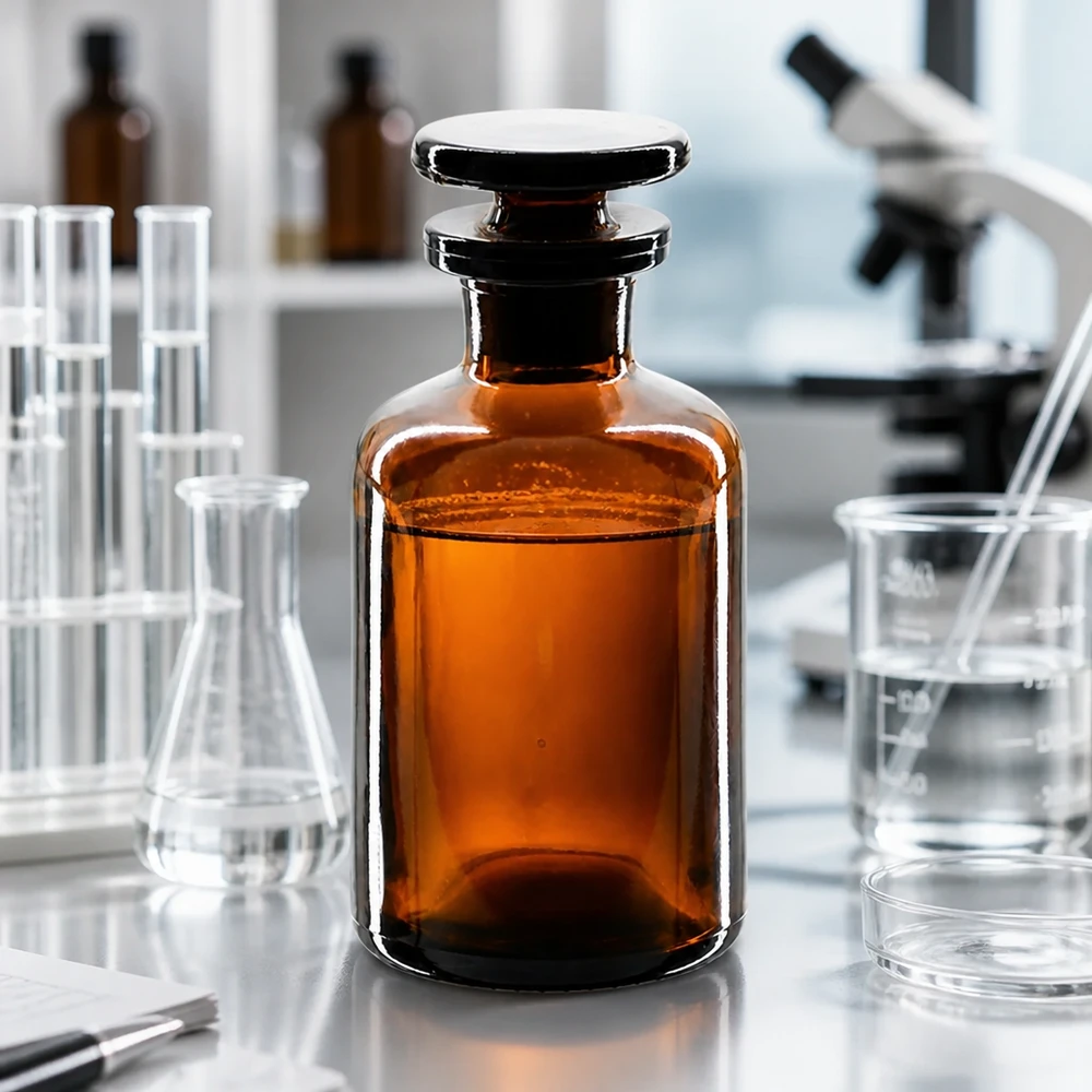 Okrągła butelka na ramię 50 ml z brązową wąską szyjką i szklanym korkiem Butelka z brązowego szkła o zaokrąglonych ramionach, pojemność 50 ml, z wąską szyjką i szklanym korkiem, przeznaczona do przechowywania substancji chemicznych w laboratorium