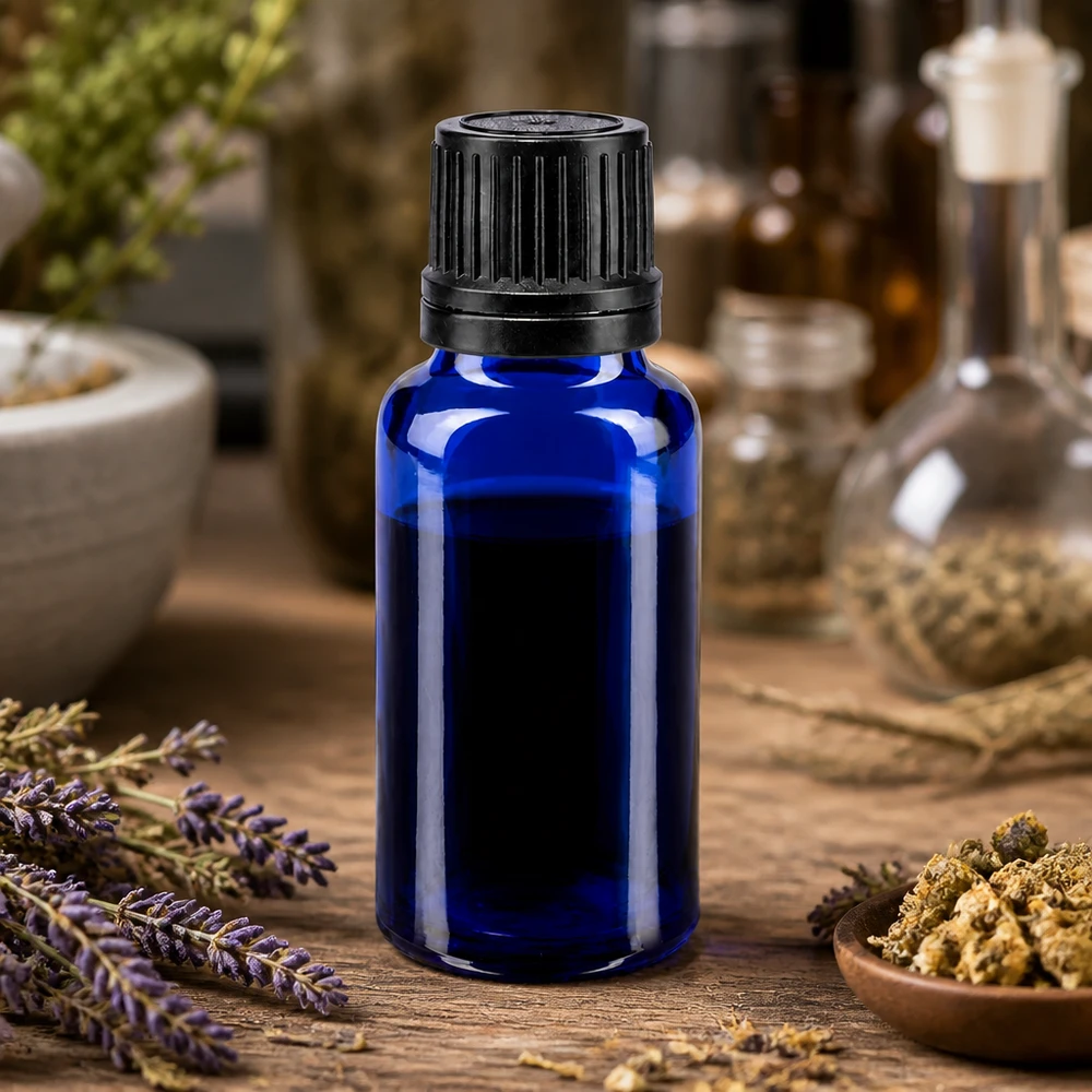 Butelka apteczna niebieska 20ml kroplówka v. Pr. 1mm czarny OV Niebieska buteleczka z zakraplaczem ApoGlas o pojemności 20 ml z czarną nakrętką na drewnianym stoliku z lawendą i ziołami