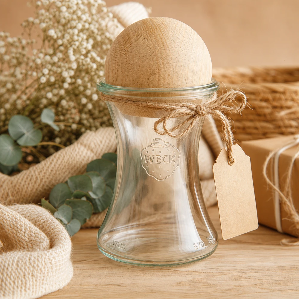 WECK słoik delikatesowy 370ml RR80 drewniana kula bukowe pudełko prezentowe sznurek jutowy etykieta naturalny sprzęt kuchenny