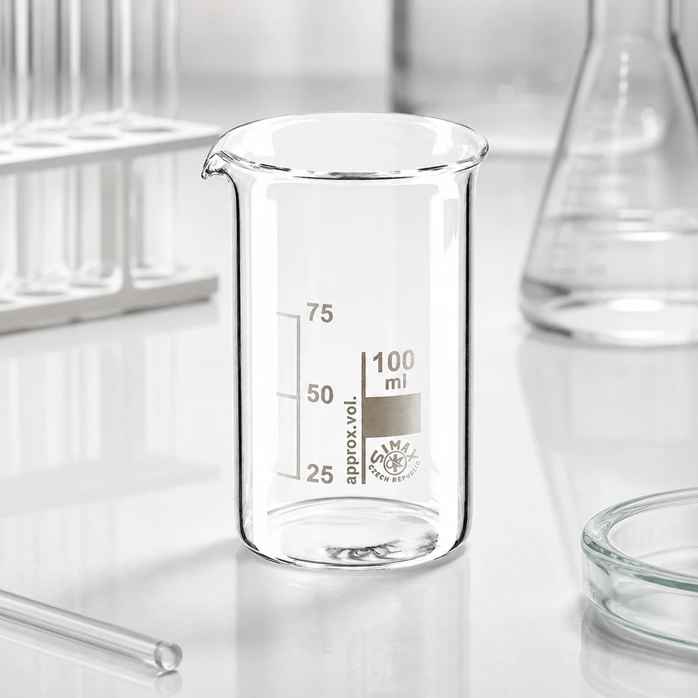 Zlewka 100 ml ze szkła borokrzemowego, wysoka Pusta zlewka o pojemności 100 ml, wysoka, wykonana ze szkła borokrzemowego, z wytłoczoną skalą pomiarową od 25 do 75 ml