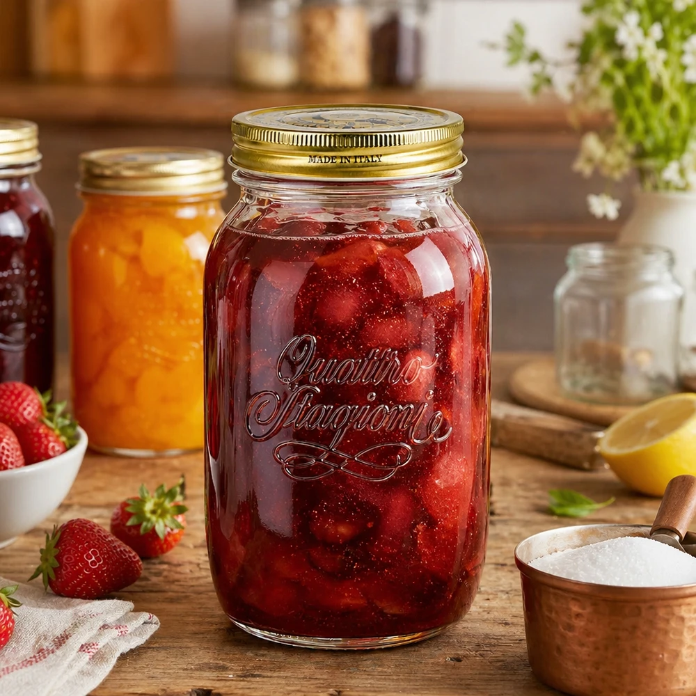 Słoik na przetwory Quattro Stagioni 1500ml wypełniony dżemem truskawkowym Scena kuchenna Włoski słoik na przetwory z dżemem truskawkowym