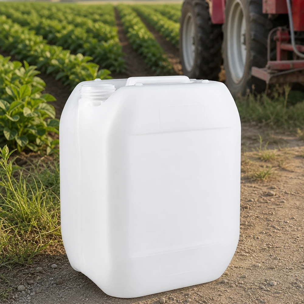 Pojemnik Agrarkanister o pojemności 10 litrów, bez zamknięcia, wykonany z białego tworzywa sztucznego, przeznaczony do środków ochrony roślin stosowanych w uprawach polowych