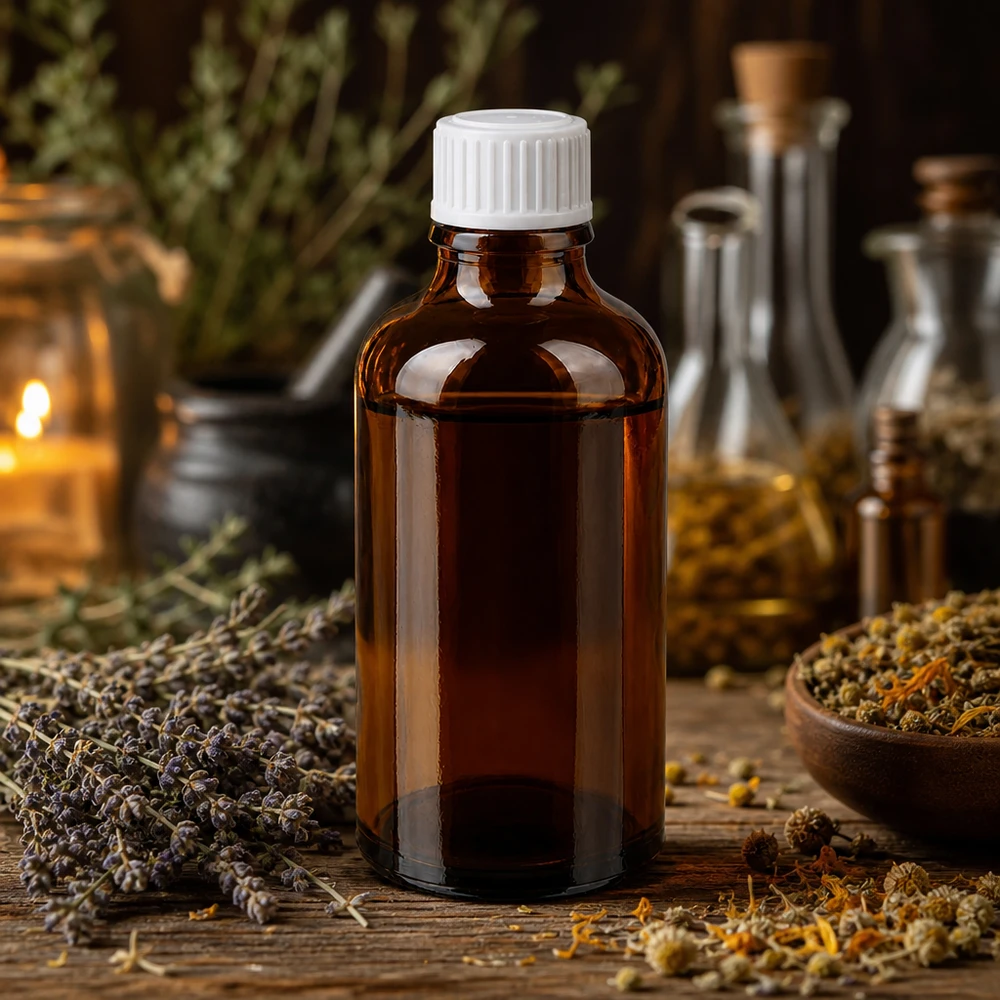 Butelka apteczna brązowa 50ml zakrętka biała szt. Mała brązowa szklana buteleczka o pojemności 50 ml z białą nakrętką, otoczona suszonymi ziołami i kwiatami rumianku