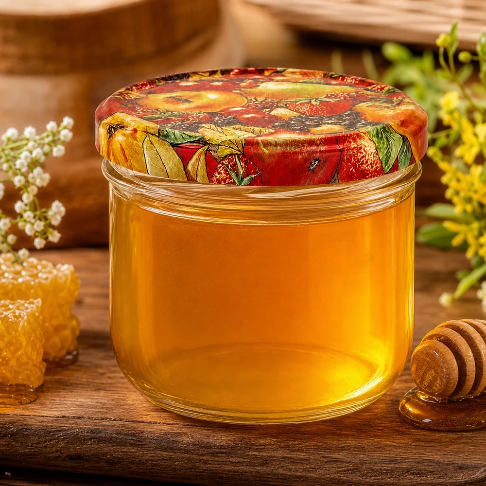 Szklanka z pokrywką BasicSeal z motywem owocowym UN.. Honig im 260ml Sturzglas mit BasicSeal Obst-Deckel, dekorative Präsentation mit Bienenwaben und Honigstab