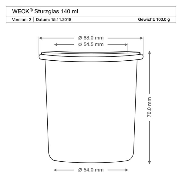 Kubki 140ml WECK RR60 z drewnianą kulką buk Rysunek techniczny kubków WECK 140ml RR60 z wymiarami i specyfikacją dla drewnianych pokrywek z kulkami bukowymi