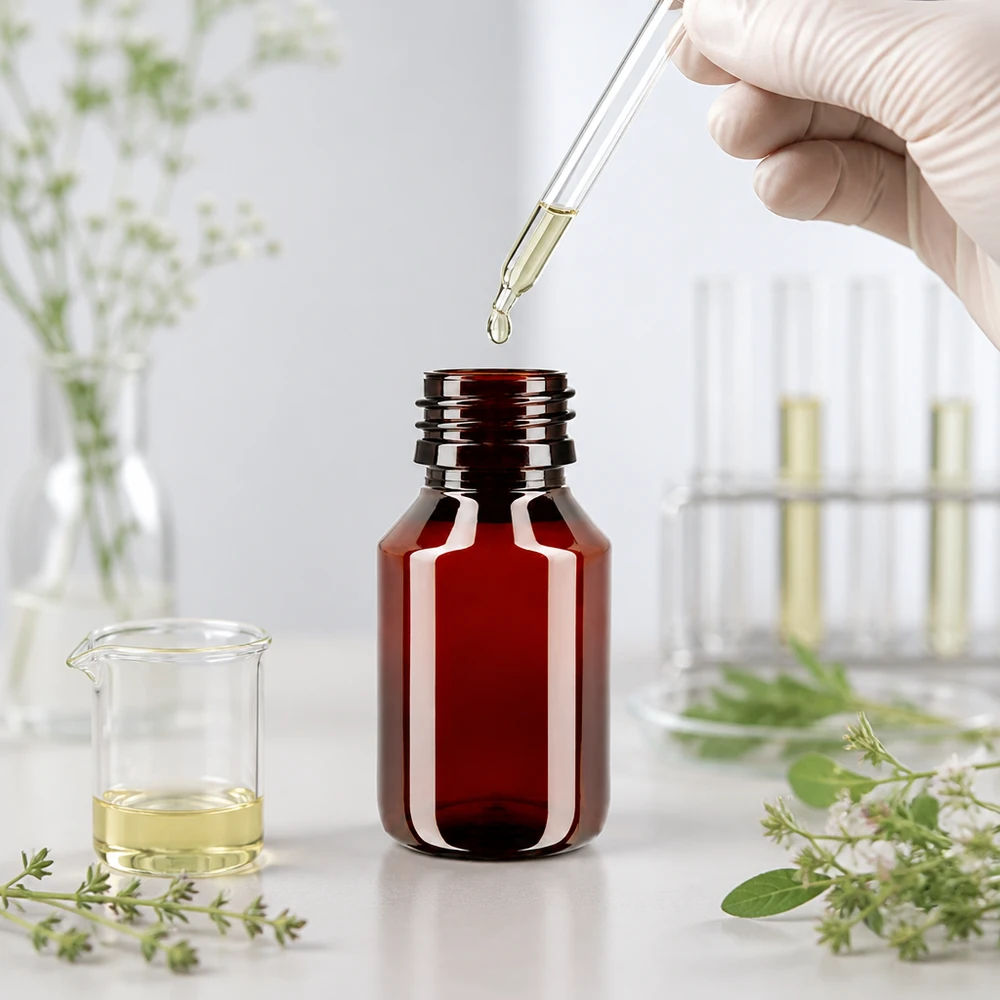 Brązowa butelka PET o pojemności 50 ml z gwintem PP28 w warunkach laboratoryjnych, z pipetą i ziołami leczniczymi