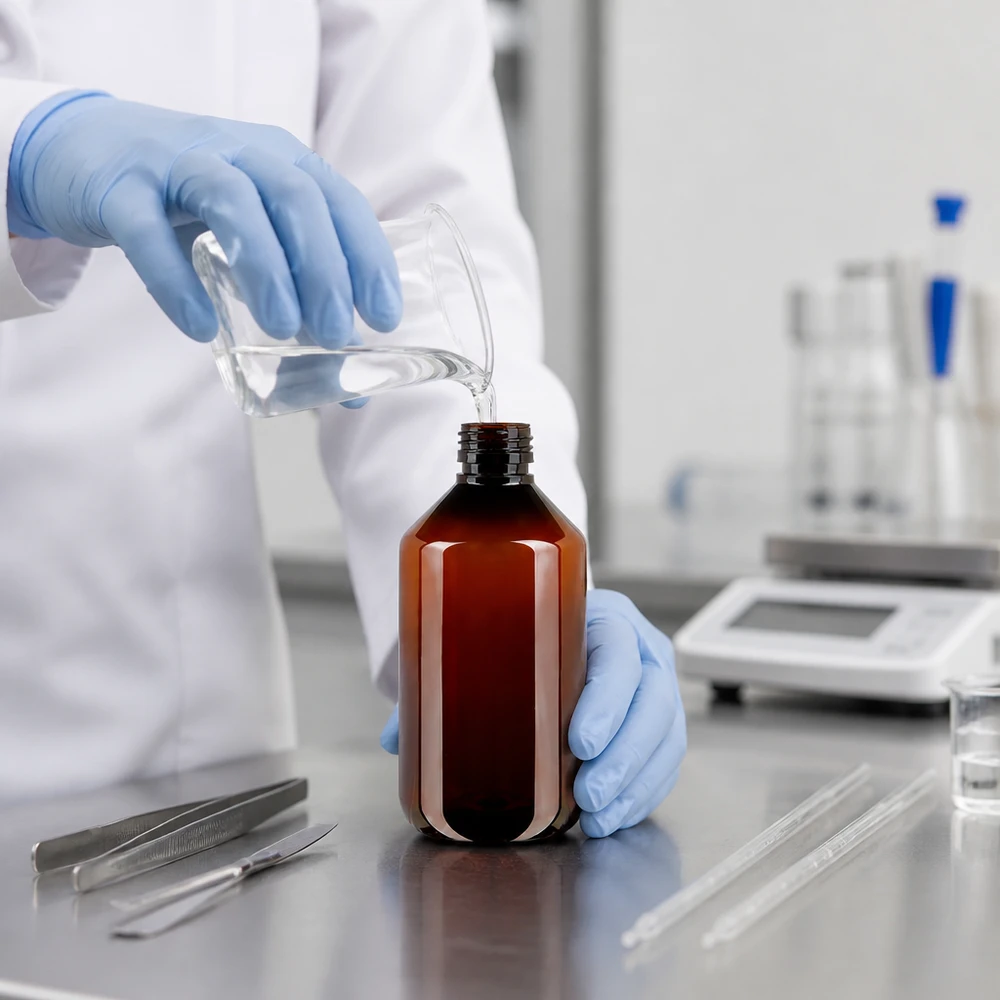 Laborant w białym fartuchu napełnia brązową butelkę PET o pojemności 500 ml przezroczystym płynem z kolby Erlenmeyera
