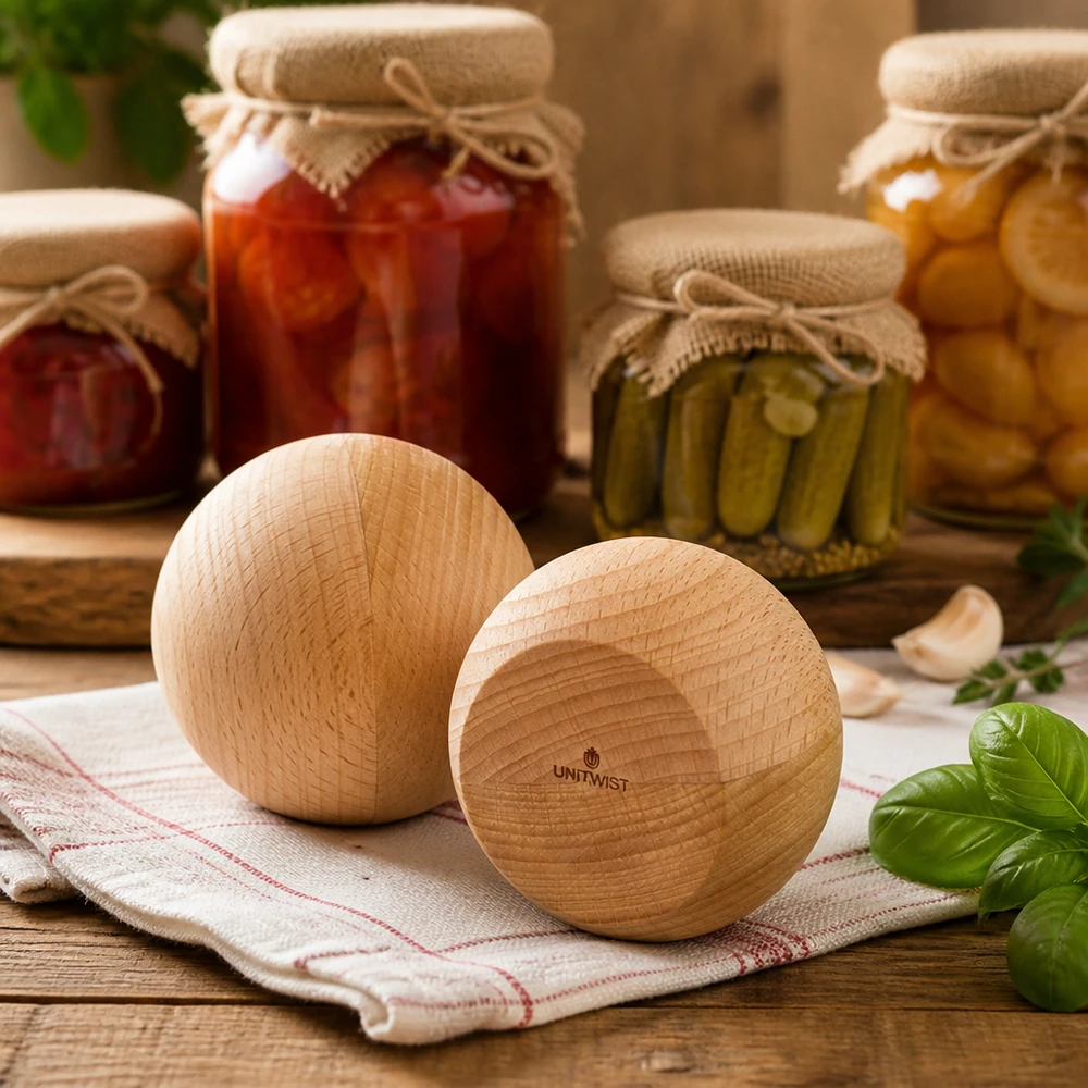Drewniana kula UNiTWIST (buk) do WECK RR80 UNiTWIST Holzkugeln aus Buche im Küchenambiente - stilvolle Alternative zu Deckeln für WECK RR80 Einmachgläser