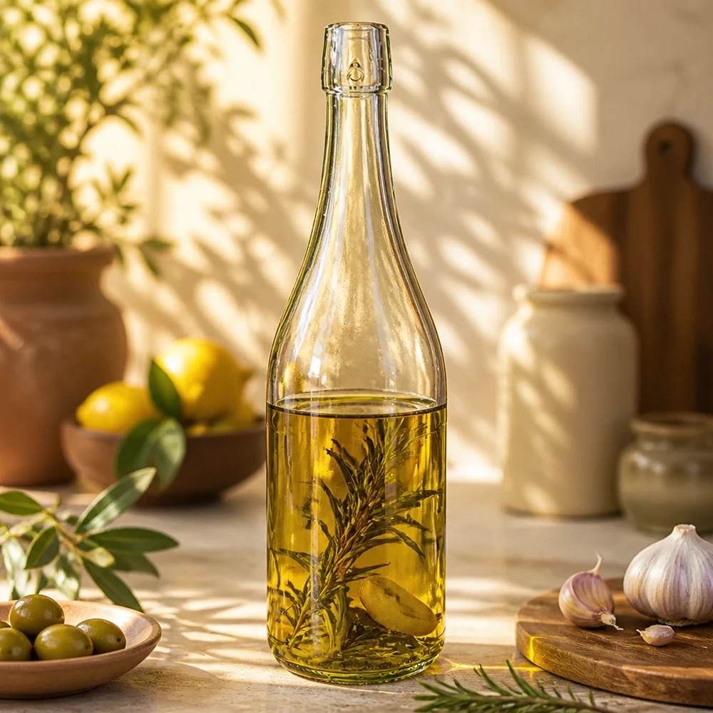 750ml szklana butelka UNiTWIST wypełniona oliwą ziołową w kuchni śródziemnomorskiej z oliwkami i czosnkiem Przykład zastosowania