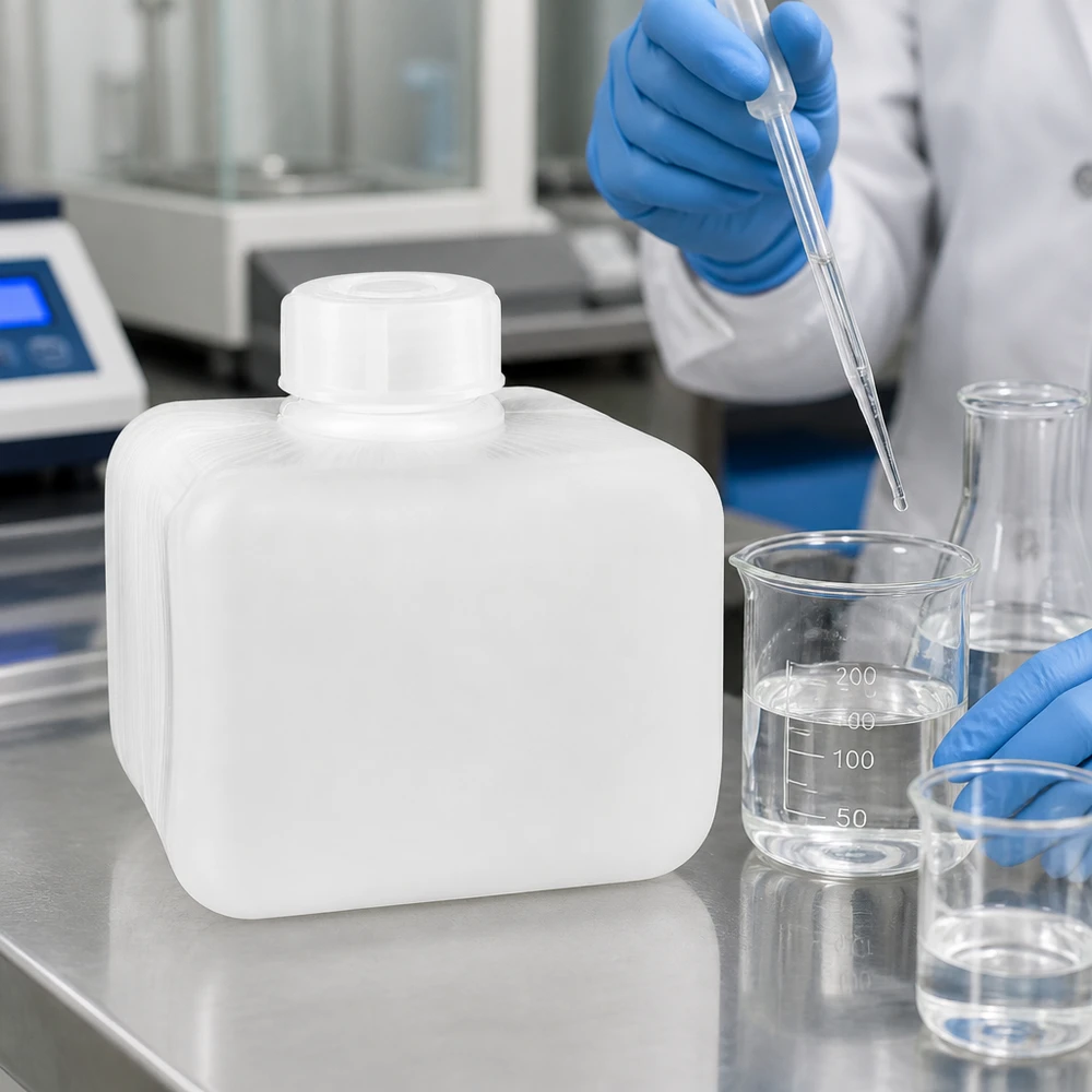 Butelka na chemikalia 250 ml, wąska szyjka z PE-HD, kolor naturalny Butelka na chemikalia z PE-HD o wąskiej szyjce, 250 ml, w kolorze naturalnym, z pipetą, szklanka i kolba Erlenmeyera w laboratorium