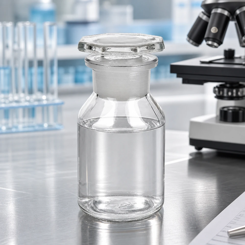 Butelka o stromych ściankach, 50 ml, przezroczysta, z szeroką szyjką i szlifowanym korkiem szklanym, stojąca na stole laboratoryjnym obok mikroskopu