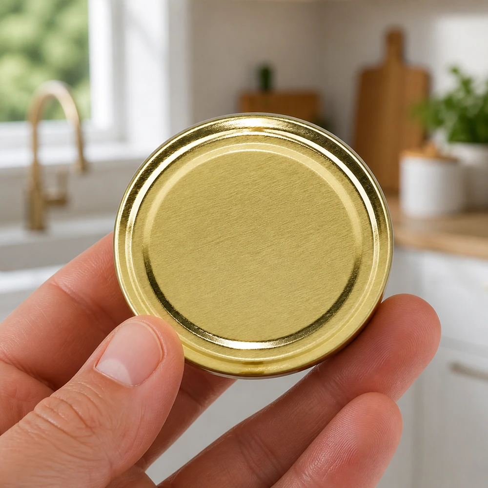 Złota nakrętka BasicSeal TO58 o średnicy 58 mm trzymana w dłoni w kuchni