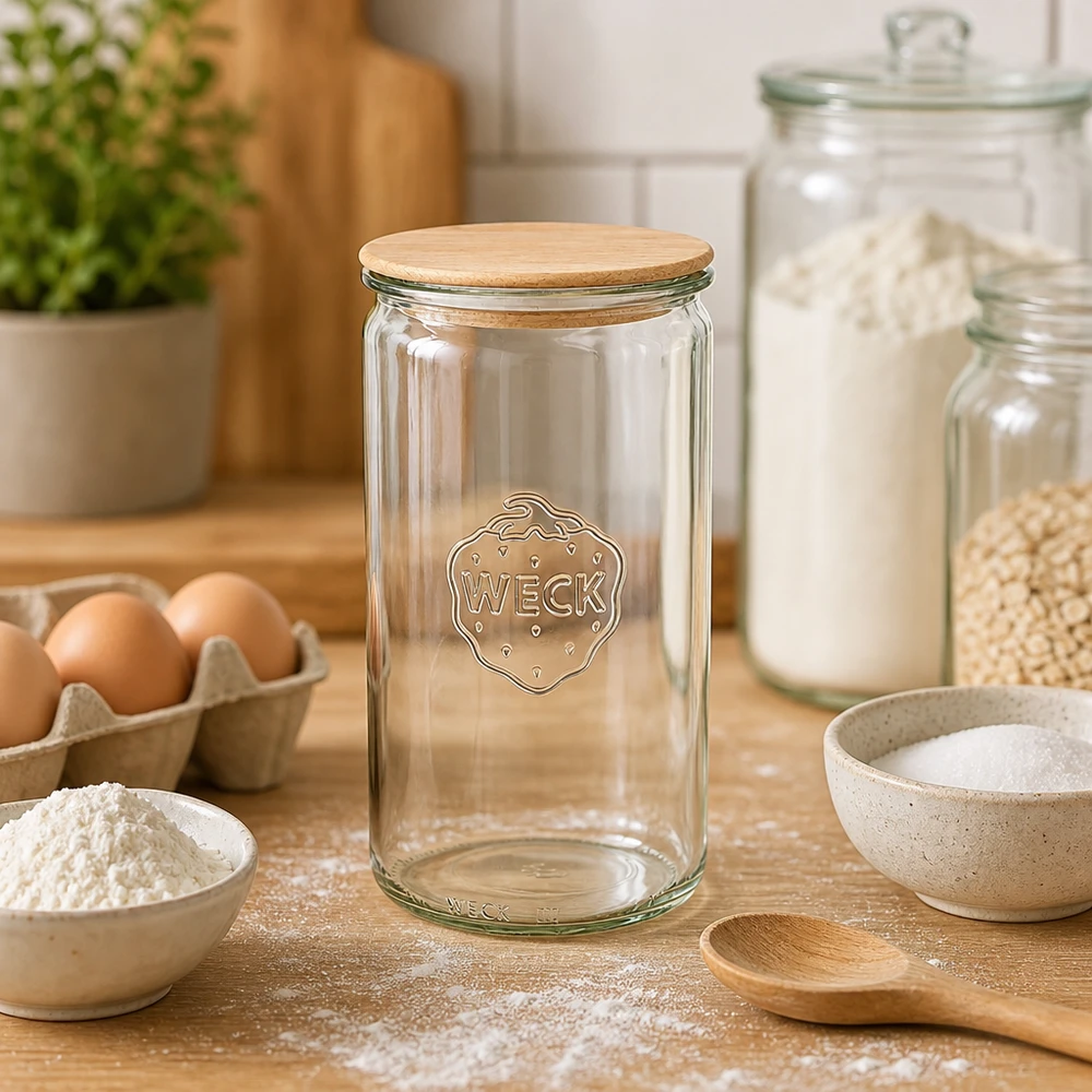 WECK słoik 1590ml RR100 pusty w kuchni do pieczenia z mąką, jajkami i składnikami do pieczenia chleba i przygotowywania ciasta