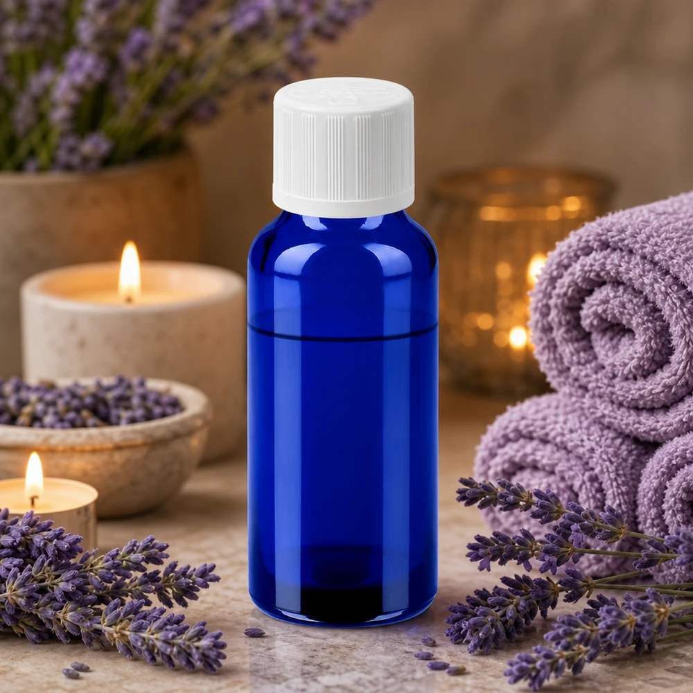 Mała butelka 20 ml w eleganckim kolorze kobaltowego błękitu z białą nakrętką do aromaterapii i odnowy biologicznej
