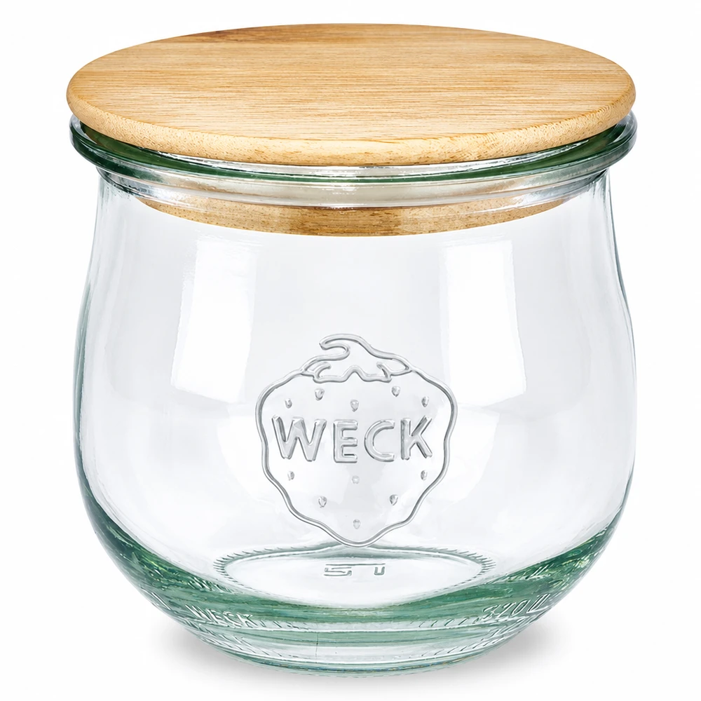 Słoik tulipanowy WECK RR80 o pojemności 370 ml z drewnianą pokrywką WECK słoik na tulipany 370ml RR80 z drewnianą pokrywką Słoik na przetwory ze szklaną pokrywką wykonany z naturalnego drewna
