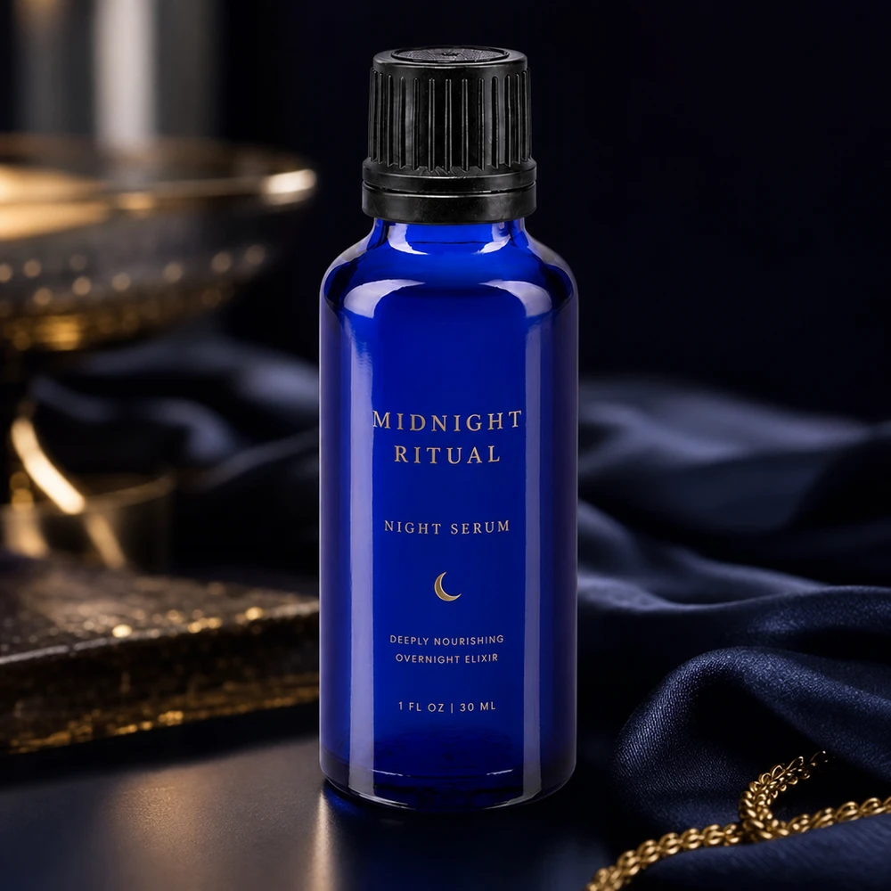 Butelka apteczna niebieska 30ml zakrętka czarny nalewak r. OV Serum na noc Midnight Ritual w kobaltowo-niebieskiej buteleczce aptecznej o pojemności 30 ml z żebrowaną czarną nakrętką