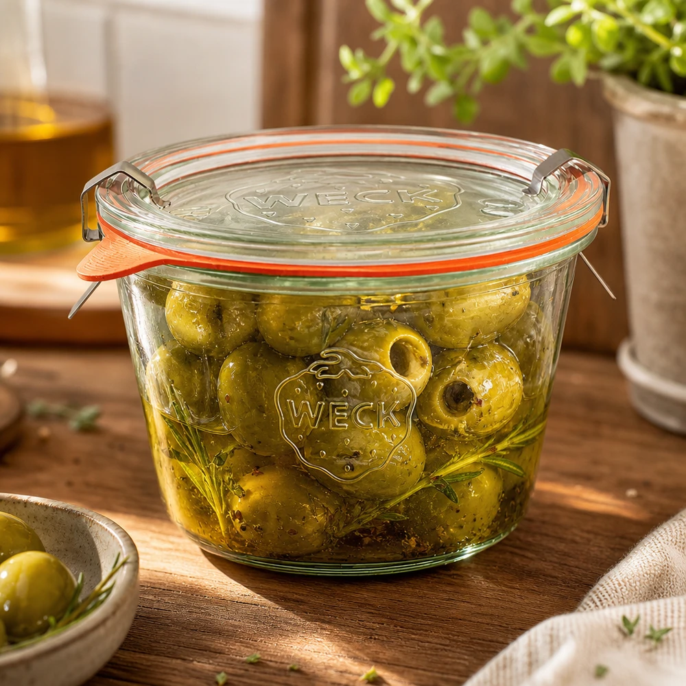 Słoik WECK RR100 370ml wypełniony marynowanymi oliwkami w oleju doskonale konserwuje antipasti.