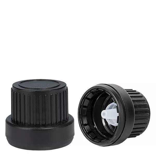 Nasadka kroplomierza 2 mm czarna (DIN18, UT18) z pierścieniem zabezpieczającym. Zakraplacz z obręczą. Do ApoGlas®, UNiTWIST® i Miron® Apofl. 5-100 ml z gwintem 18 mm.