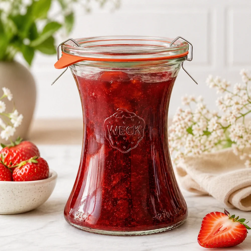 Słoik delikatesowy WECK 370ml RR80 wypełniony domowym dżemem truskawkowym Słoik Mason z uchylnym wieczkiem Lifestyle