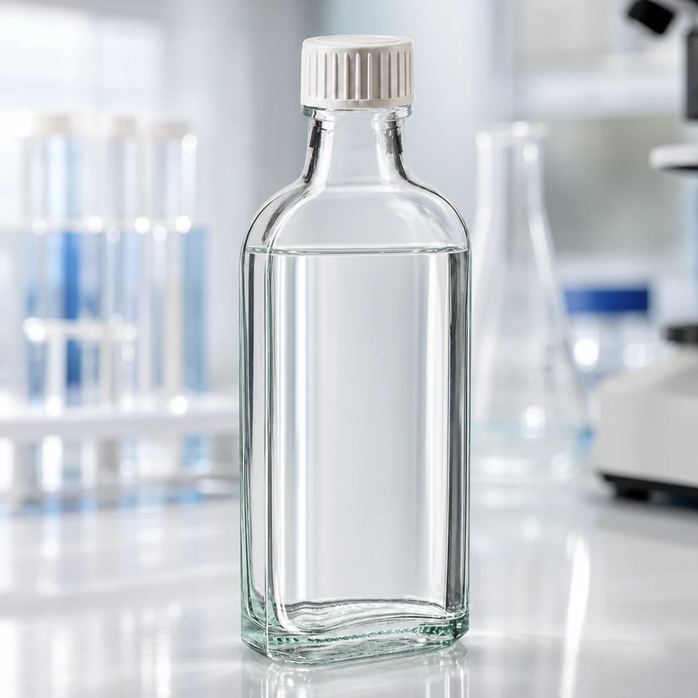 Mała butelka laboratoryjna o pojemności 100 ml, przezroczysta, z wkładką z pianki PE, przeznaczona do użytku w warunkach laboratoryjnych