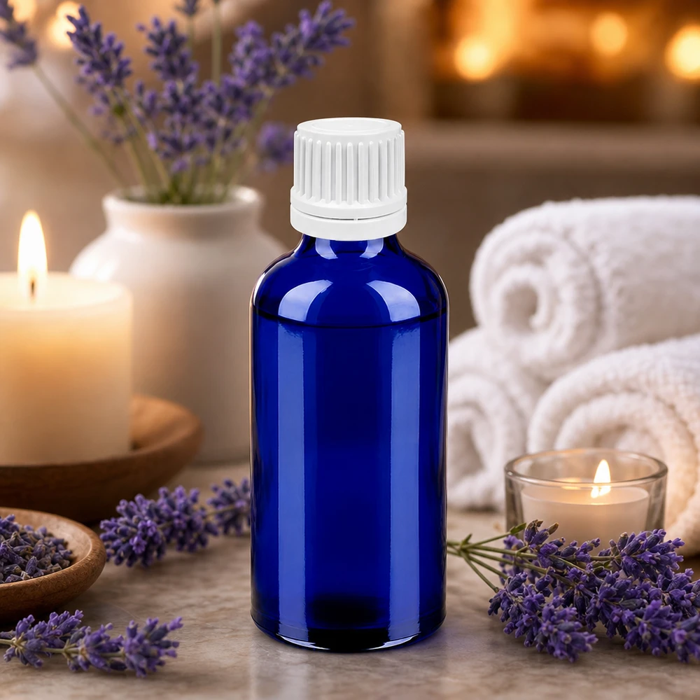 Niebieska szklana butelka 50 ml z białą zakrętką do olejków eterycznych i aromaterapii BlueLine UT18/50