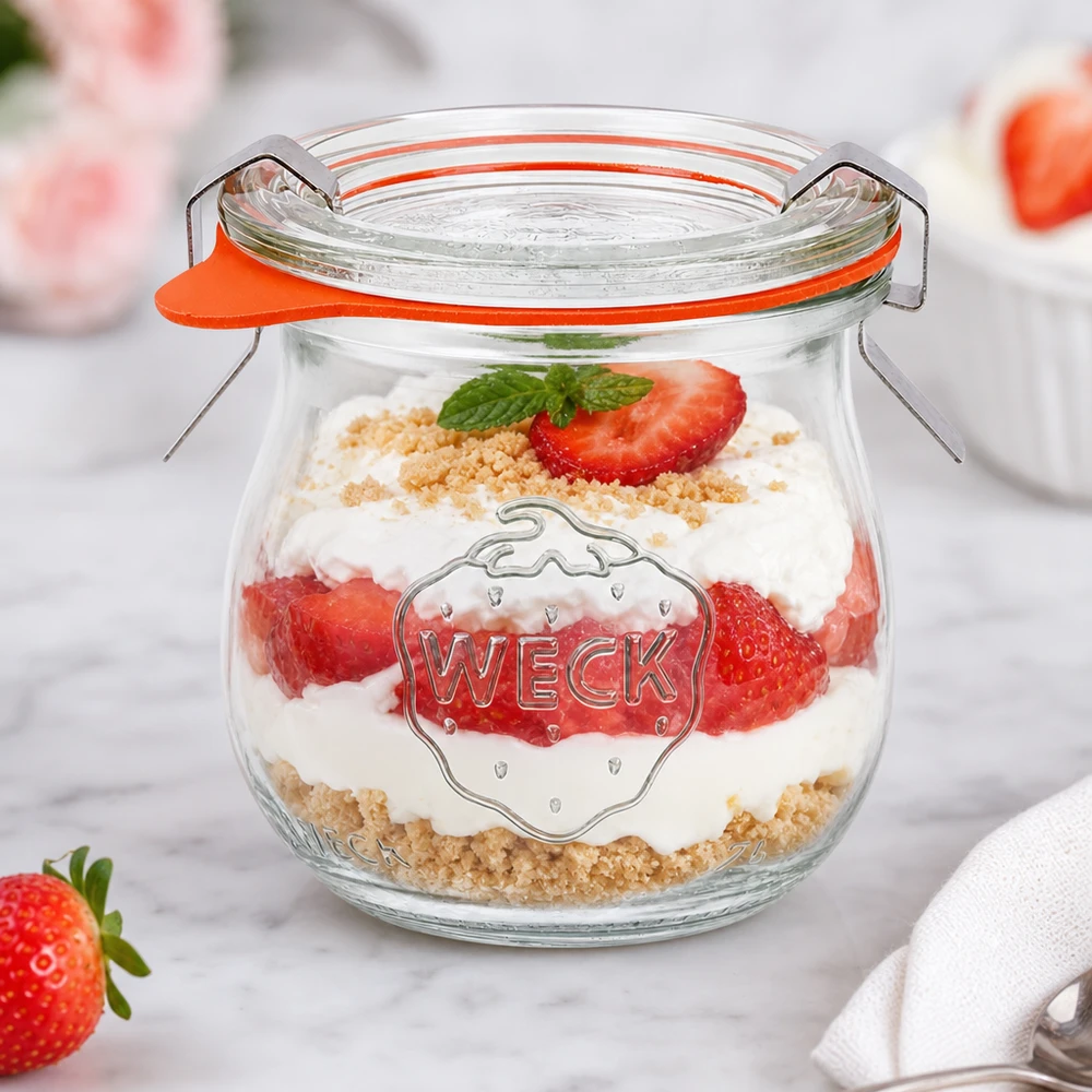 Słoik tulipan 75ml kompletny WECK RR40 Słoiczek WECK tulipan 75ml jako słoiczek deserowy z truskawkowo-śmietankową warstwą deserową i okruchami herbatników stylowo zaprezentowany
