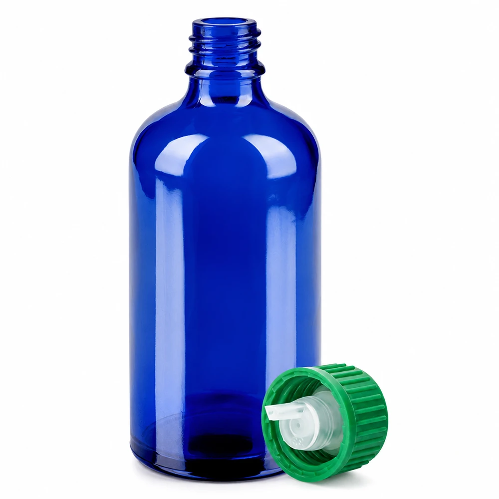 100 ml butelka z zakraplaczem 0,8 mm zielona STD BlueLine UT18/100 100 ml niebieska szklana butelka z zieloną zakrętką i zakraplaczem do aromaterapii i kosmetyków