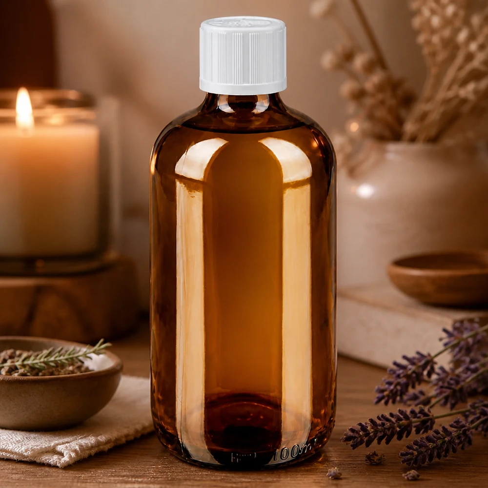 Butelka apteczna o pojemności 100 ml w kolorze bursztynowym z białą nakrętką KiSi, tworząca naturalną atmosferę wellness