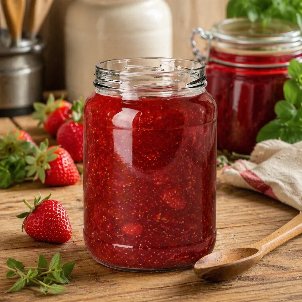 UNiTWIST Runda1700 - Kubki o pojemności 1700ml TO100 UNiTWIST Runda1700 słoik wypełniony dżemem truskawkowym 1700ml TO100 słoik do przetworów kuchnia drewniany stół
