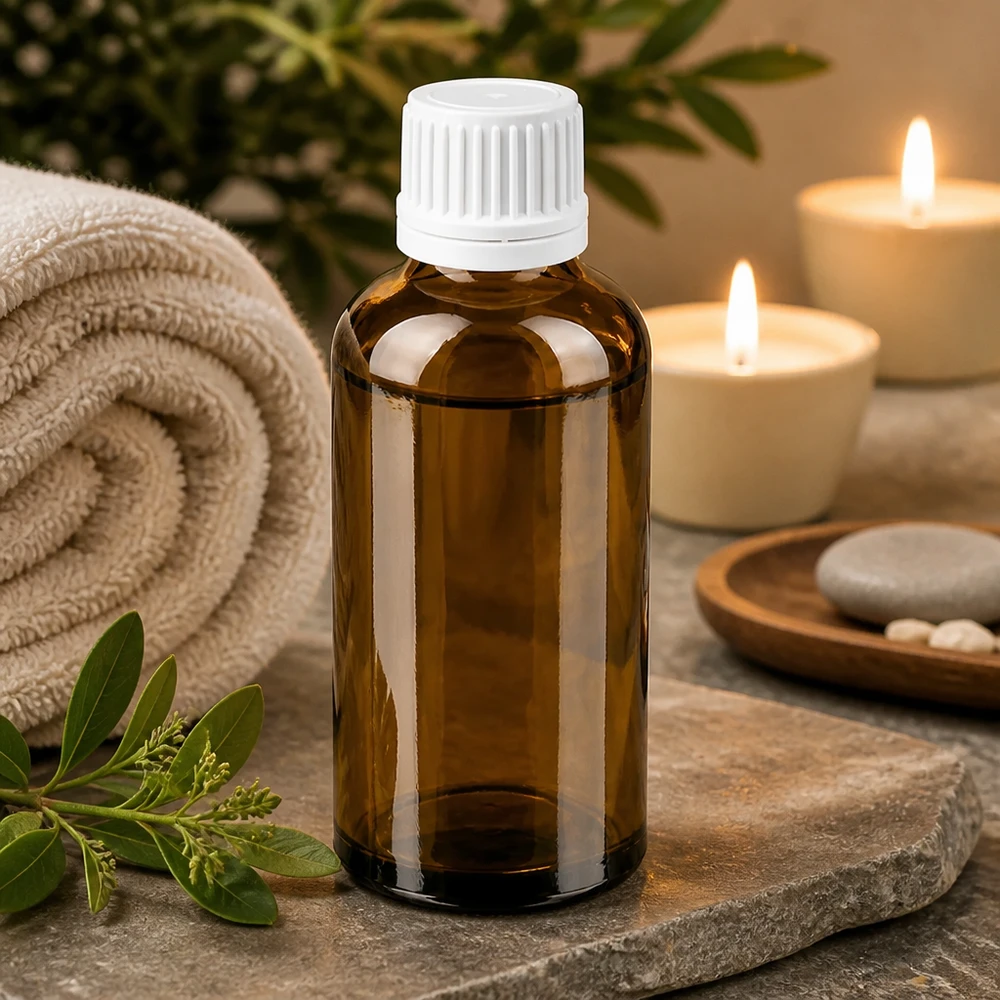 Butelka 50 ml 11 mm SV biała OV BrownLine UT18/50 Kompaktowa szklana butelka 50 ml w kolorze brązowym z białą nakrętką do aromaterapii i odnowy biologicznej