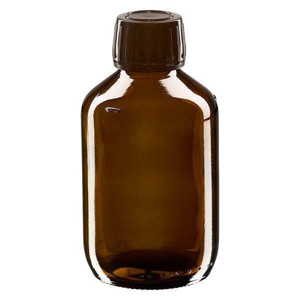 Butelka na lek 200 ml br&#261;zowa, zakr&#281;tka br&#261;zowa z pier&#347;cieniem ApoGlas. Farmaceutyczna jako&#347;&#263; produkcji UE. Gwint 28 mm (PP28). (syrop, butelka z lekkiego szk&#322;a)