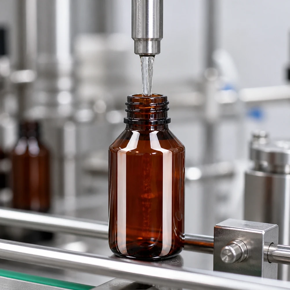 Automatyczne napełnianie butelki PET o pojemności 50 ml w nowoczesnym zakładzie produkcji farmaceutycznej