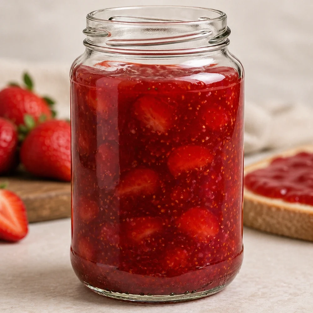 UNiTWIST Runda375 - Okrągły słoik o pojemności 375ml TO63 UNiTWIST Runda375 okrągły słoik 375ml TO63 wypełniony domowym dżemem truskawkowym obok świeżych truskawek i chleba