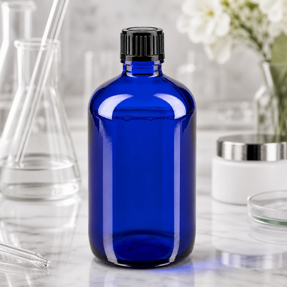 Szklana butelka o pojemności 100 ml w kolorze kobaltowym z czarną zakrętką w otoczeniu laboratoryjnym