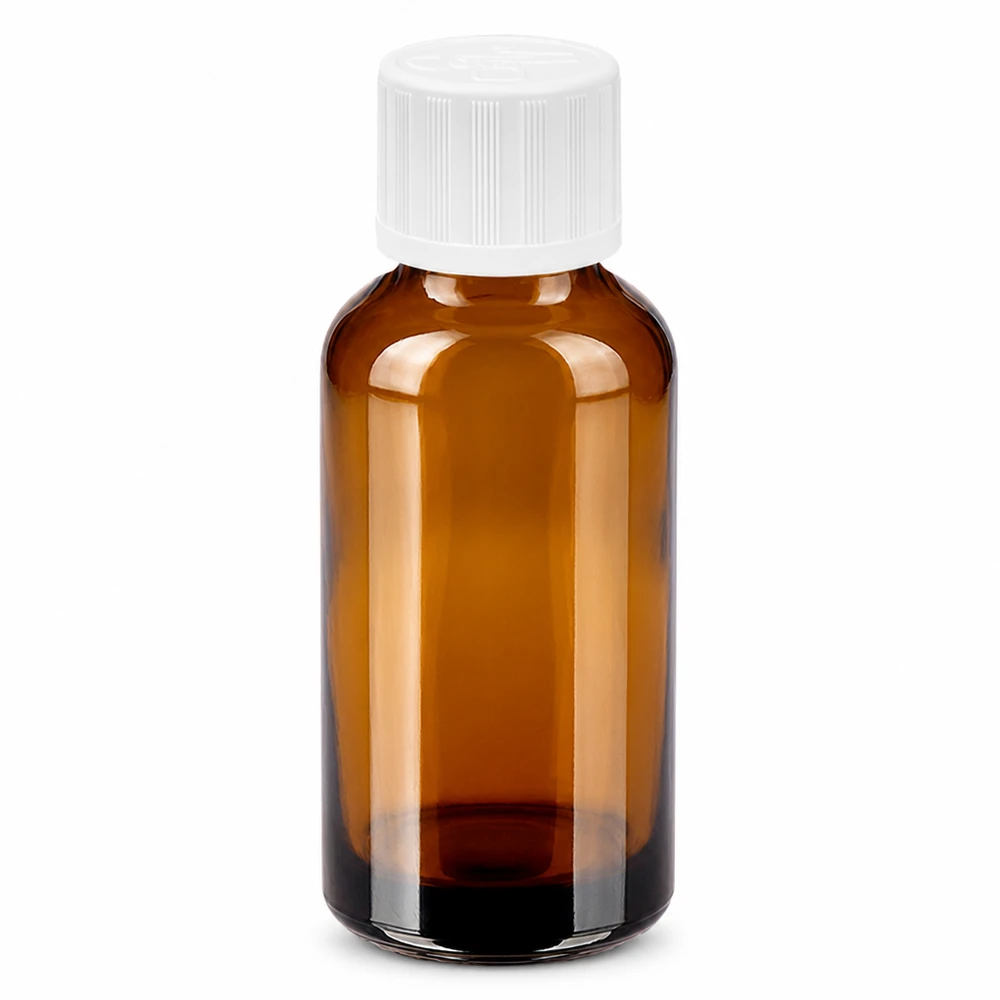Butelka 30 ml 11 mm SV w. STD KiSi BrownLine UT18/30 30 ml butelka z bursztynowego szkła z białą zakrętką i zabezpieczeniem przed dziećmi dla farmacji
