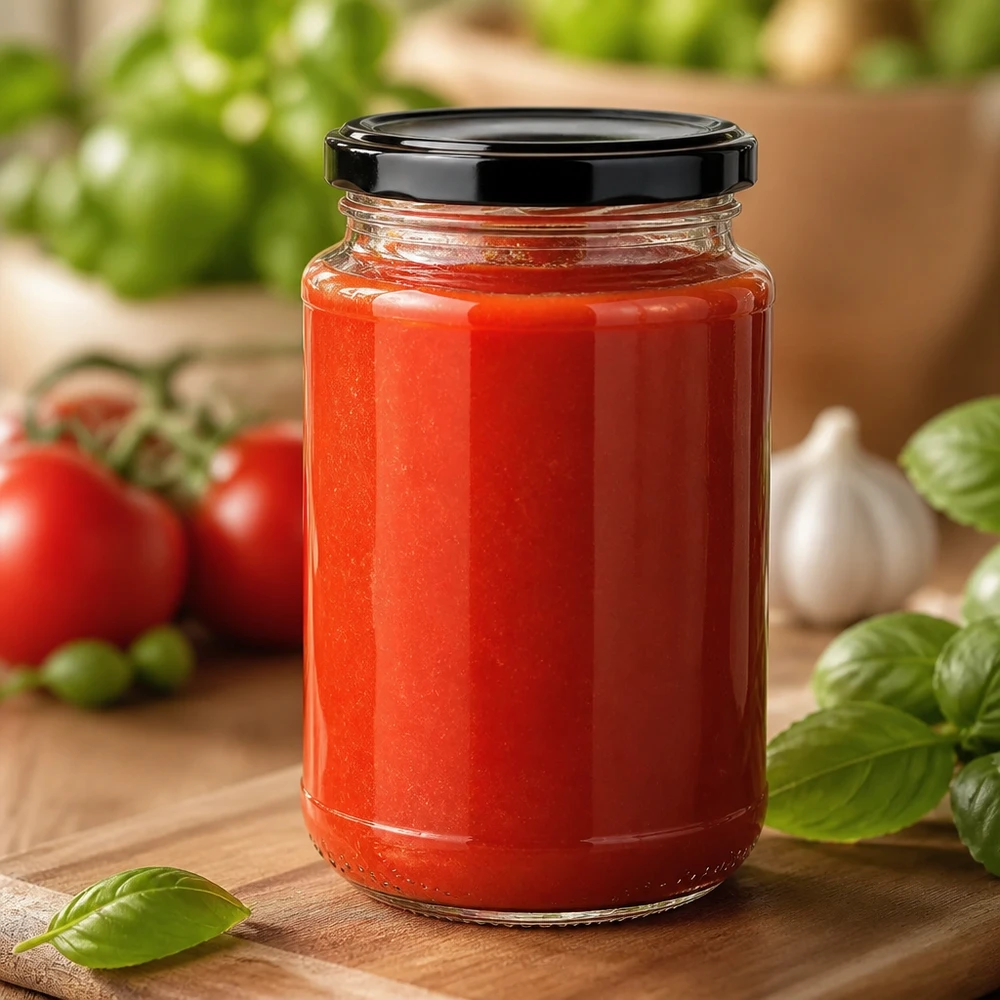 Okrągła szklanka UNiTWIST o pojemności 320 ml z uszczelką BasicSeal w kolorze czarnym, wypełniona czerwonym sosem pomidorowym, na drewnianej desce