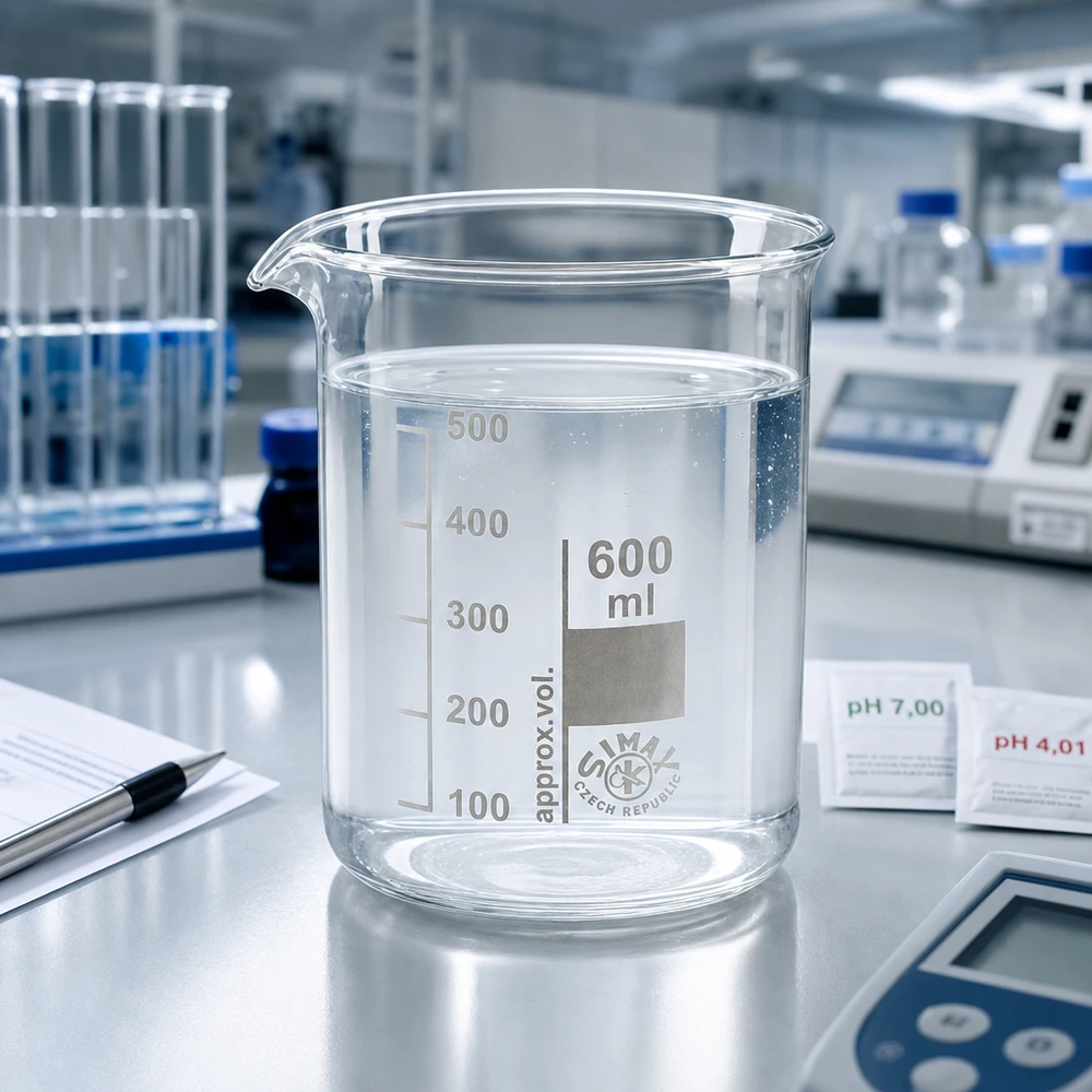 Zlewka 600 ml ze szkła borokrzemowego, niska forma Przezroczysta zlewka 600 ml ze szkła borokrzemowego o niskiej formie do profesjonalnych pomiarów w laboratorium