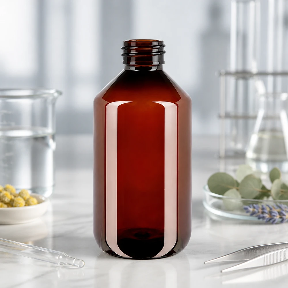 Butelka PET 500ml z czerwoną nakrętką OV Smukła butelka PET o pojemności 500 ml w kolorze bursztynowym z oryginalnym czerwonym zamknięciem, przeznaczona do płynów