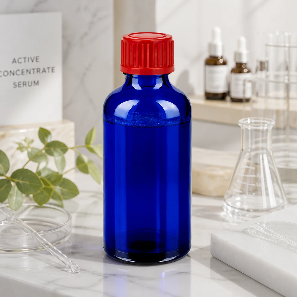 Butelka 50 ml 11 mm SV czerwony STD BlueLine UT18/50 Kompaktowa butelka aptekarska o pojemności 50 ml wykonana z kobaltowo-niebieskiego szkła ze standardową zakrętką 11 mm