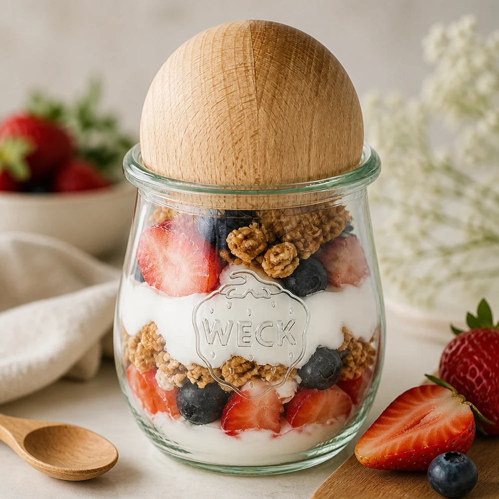 WECK słoik tulipan RR60 220ml jako parfait jogurtowy z jagodami i orzechami, korek kulkowy z drewna bukowego do deserów