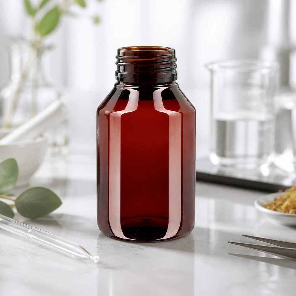 Butelka PET 50 ml z czarną nakrętką OV Stabile PET Flasche 50ml in Bernsteinfarbe mit Manipulationssicherem Spritzverschluss OV