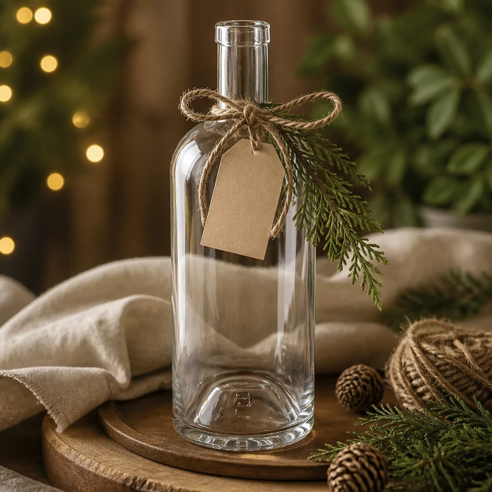 Szklana butelka Emma o pojemności 750 ml ozdobiona świąteczną zawieszką z papieru pakowego, jutową kokardą i gałązką jodły na drewnianej desce.