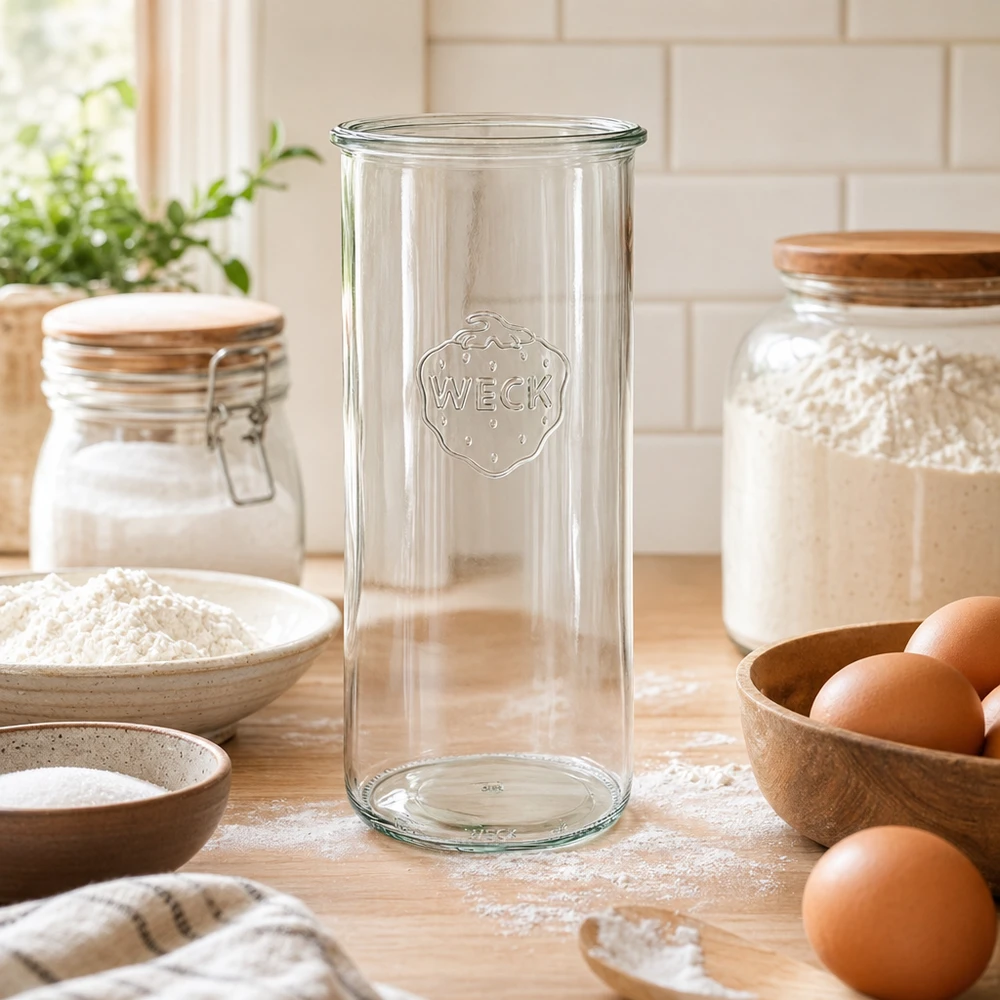 Słoik z zakrętką WECK RR100 o pojemności 1500 ml Szklany słoik do przechowywania 1500 ml WECK RR100 w rustykalnej kuchni z jajkami i mąką na drewnianym blacie kuchennym
