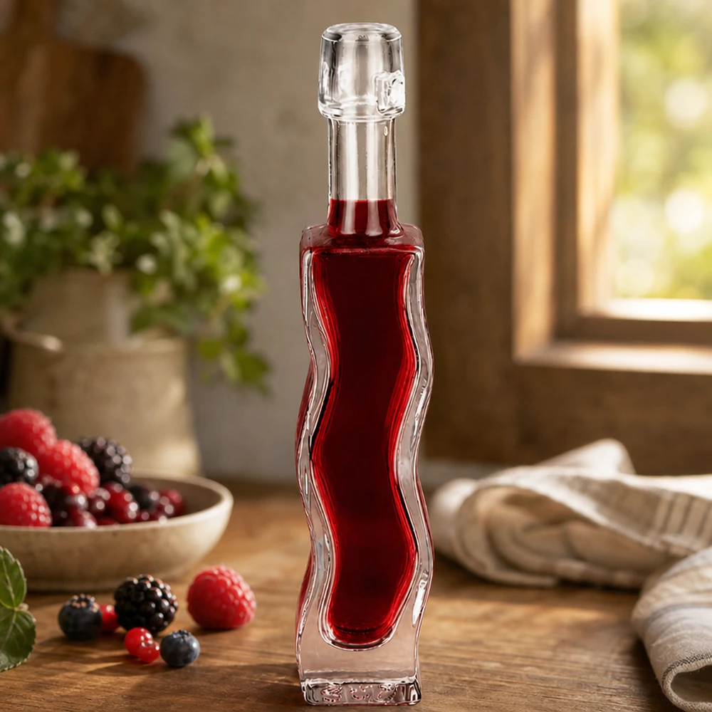40ml szklana butelka Anna wypełniona sokiem z czerwonych jagód Dekoracja z owoców jagodowych Sceneria kuchenna Przykład zastosowania Likier