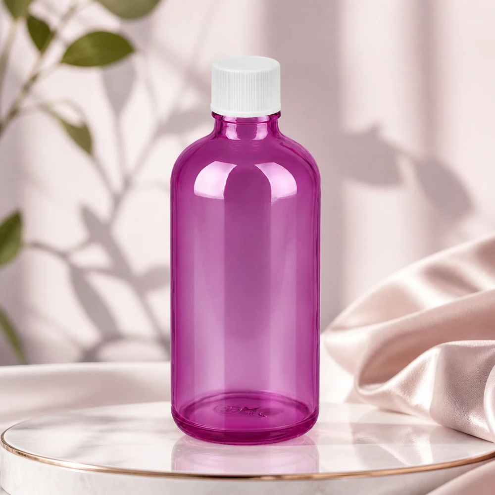 Butelka 100 ml z zakrętką 11 mm biała standardowa PurpleLine UT18/100 Elegancka fioletowa szklana butelka 100 ml z białą zakrętką na wysokiej jakości produkty kosmetyczne