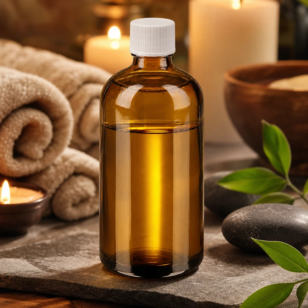 Mała szklana butelka 100 ml w odcieniach brązu z białą nakrętką do aromaterapii i odnowy biologicznej