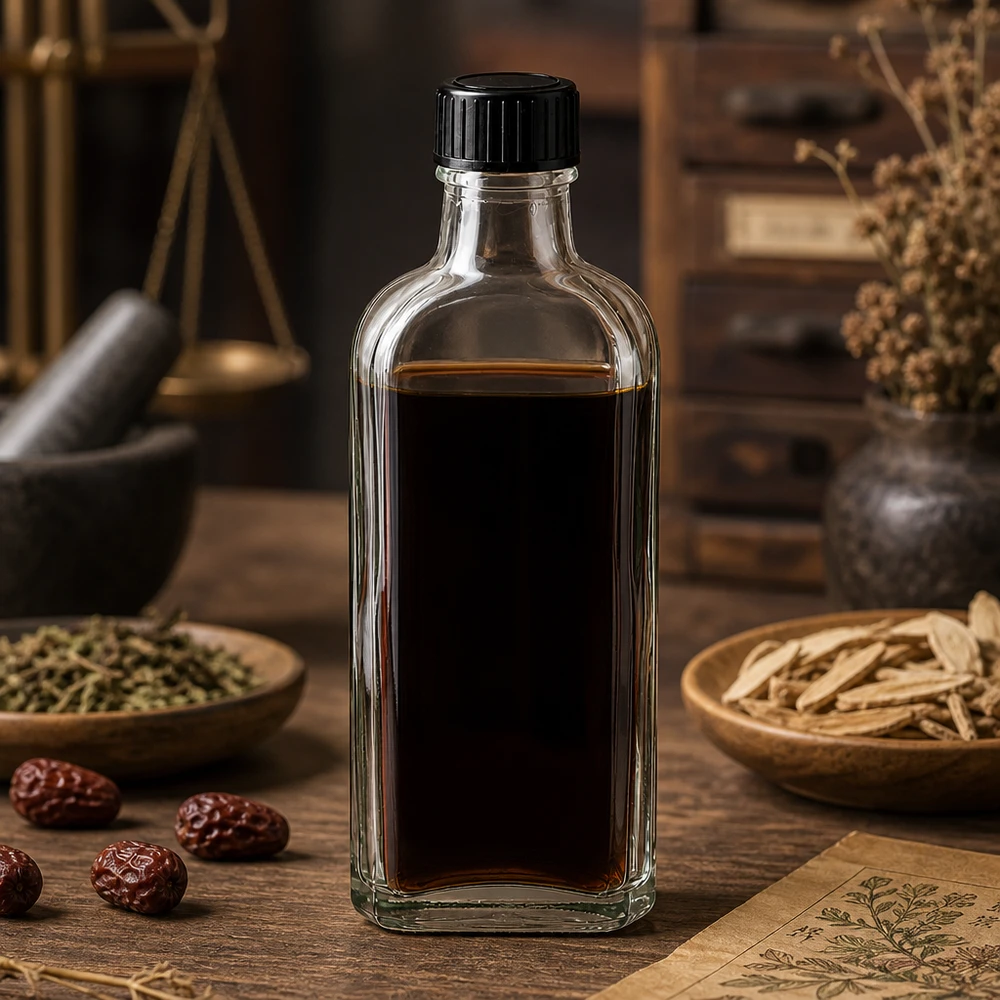100 ml Przezroczysta zakrętka Meplat z dyskiem uszczelniającym LKD Przezroczysta butelka Meplat o pojemności 100 ml z czarną zakrętką, wypełniona ciemnym ekstraktem, stojąca na drewnianym stole
