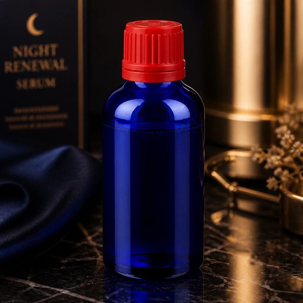 Mała szklana butelka 50 ml w kolorze niebieskim z czerwoną zakrętką SV 11mm OV BlueLine UT18/50
