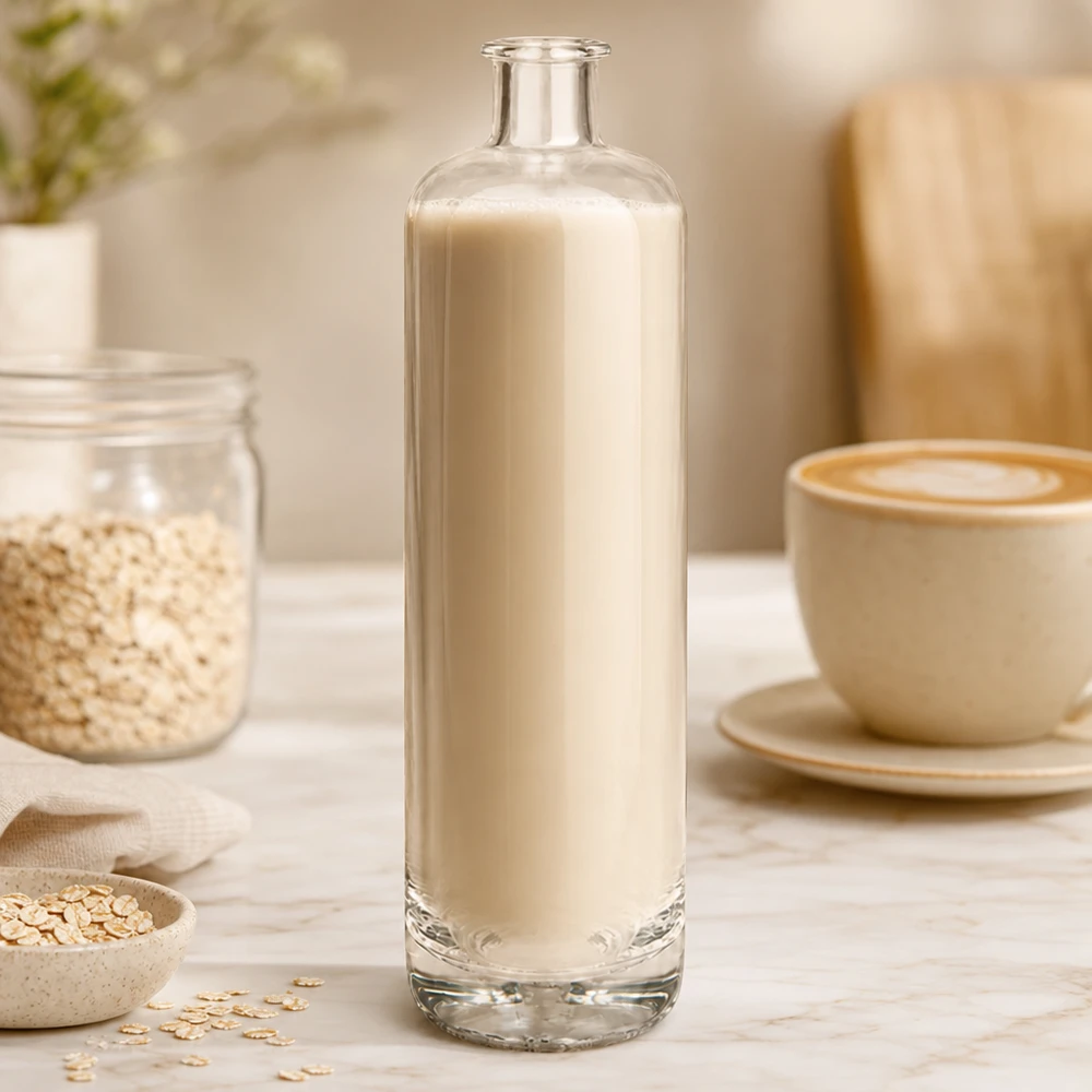 700 ml szklana butelka Ella wypełniona kremowym mlekiem owsianym obok płatków owsianych i filiżanki kawy w naturalnej scenerii kuchennej