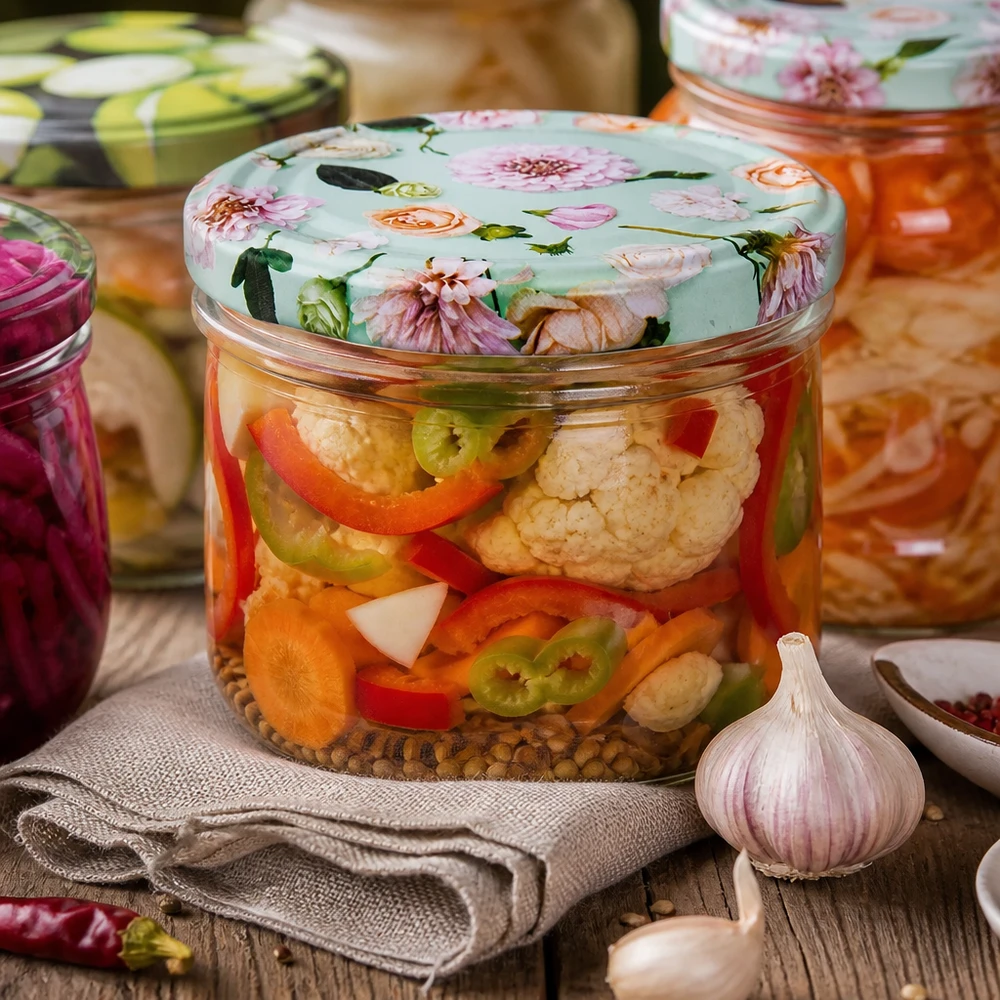 Słoik cylindryczny 230 ml z pokrywką BasicSeal mięta kwiatowa do kiszonych warzyw - Słoik fermentacyjny z czosnkiem